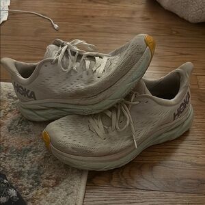 Size 10 HOKA Running Shoes in Cream and Yellow/Purple/Blue